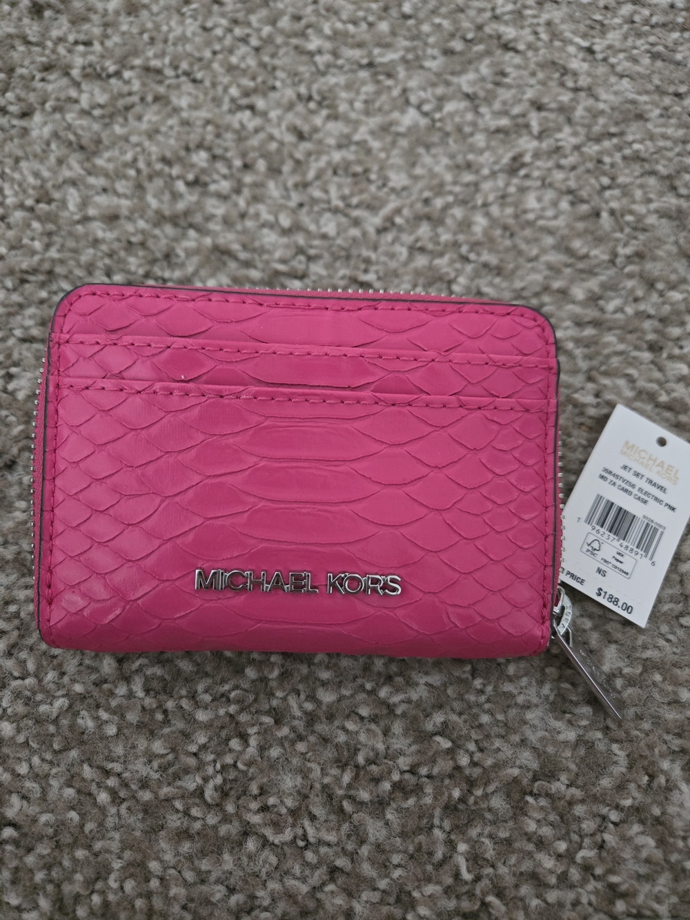 Michael Kors Hot Pink Embossed Leather Zip Card Case